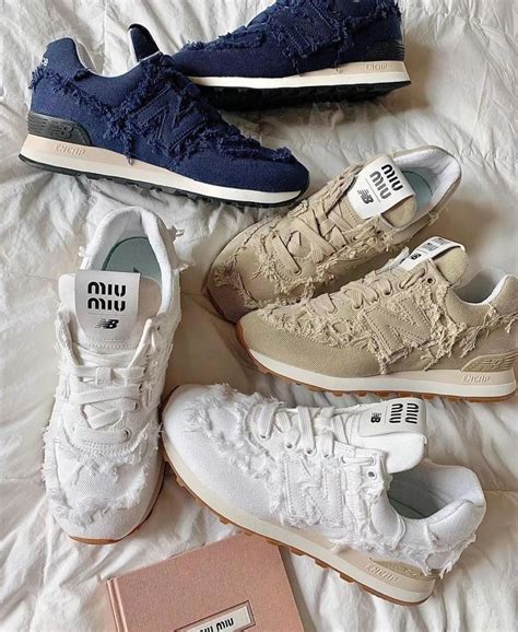 574 miu miu|New Balance 574 x Miu Miu denim sneakers.